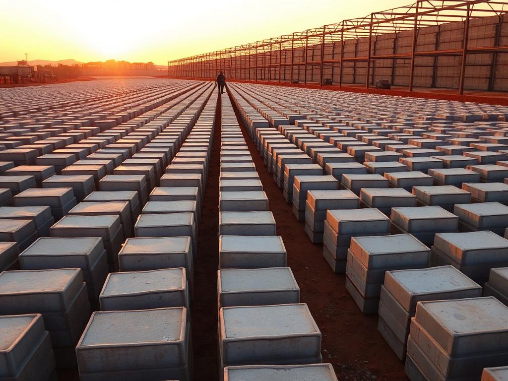 Rows of concrete bricks curing in a South African brick yard