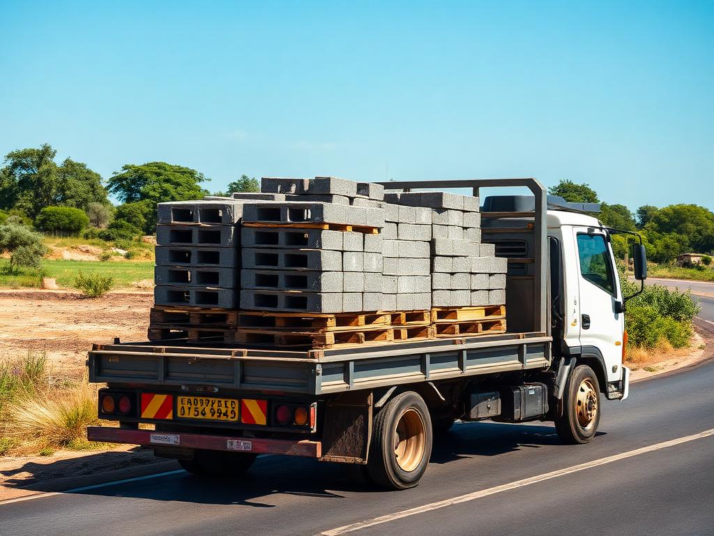 Truck loaded with pallets of concrete bricks for delivery