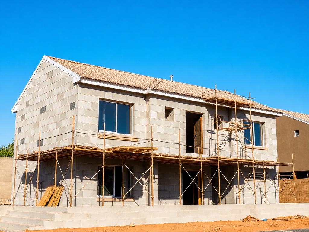 Residential house under construction with concrete block walls
