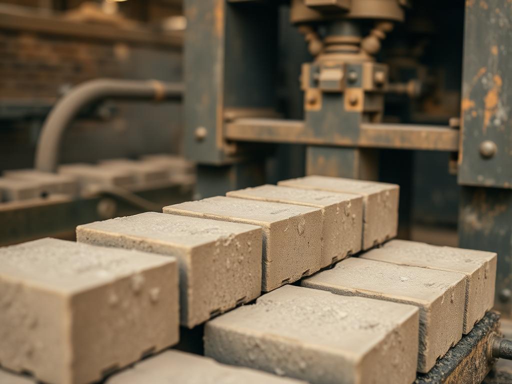 Brick-making machine pressing cement bricks in production
