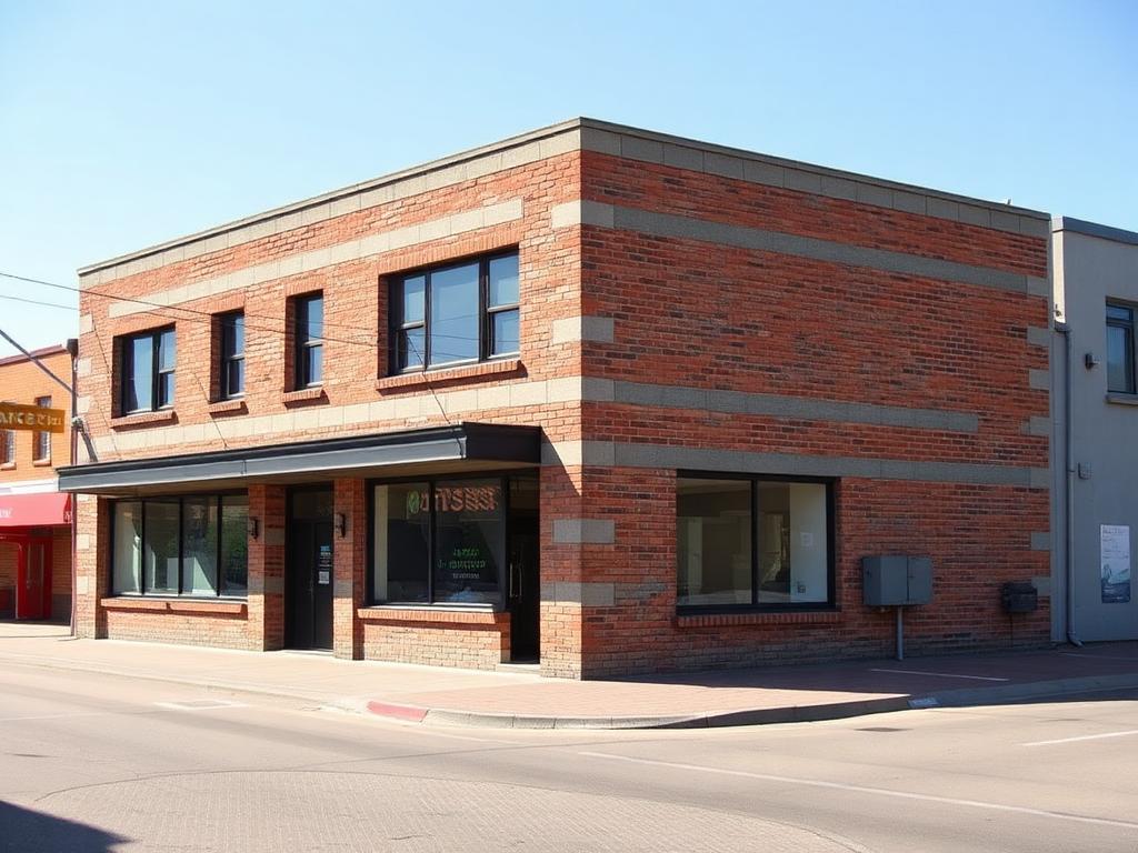 Completed commercial building built with bricks and blocks