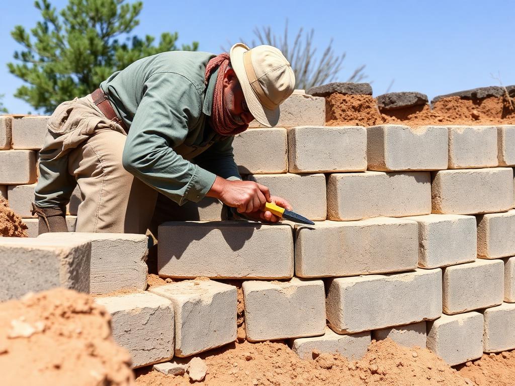 Mason laying concrete blocks on a boundary wall