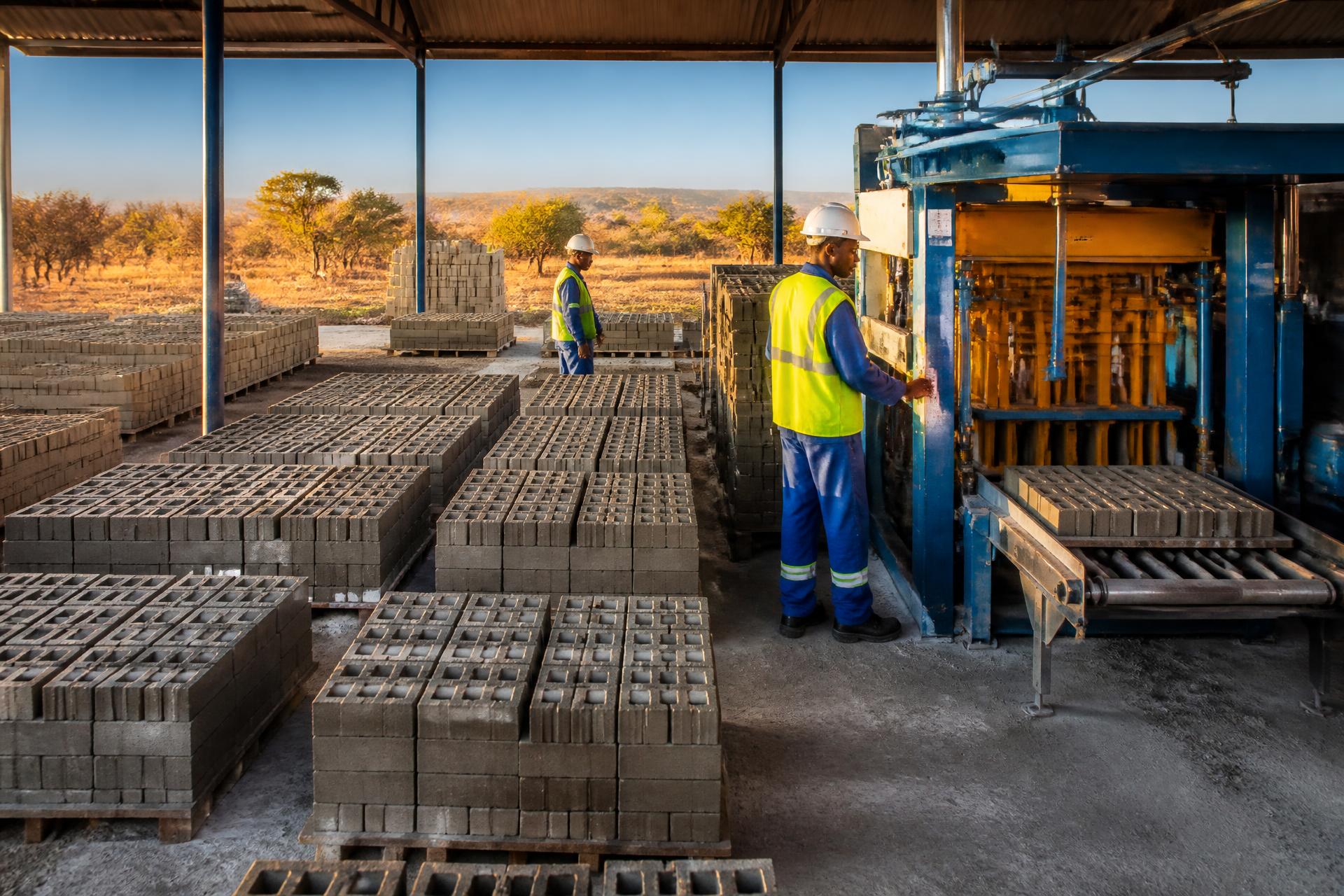 Concrete bricks and blocks being produced and stacked at a South African brick yard