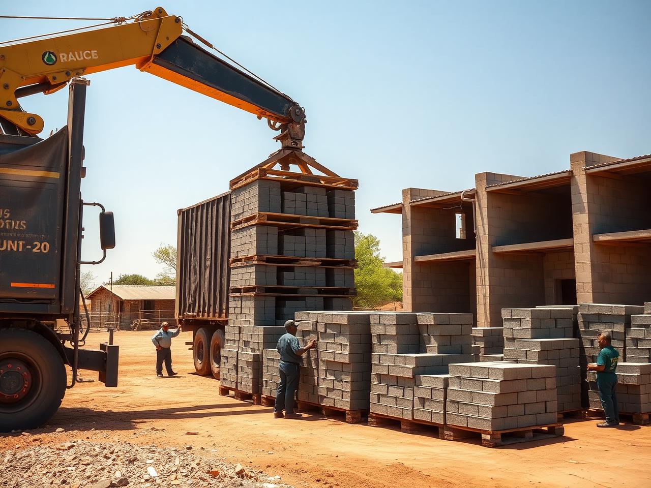 Pallets of concrete bricks being offloaded at a South African building site